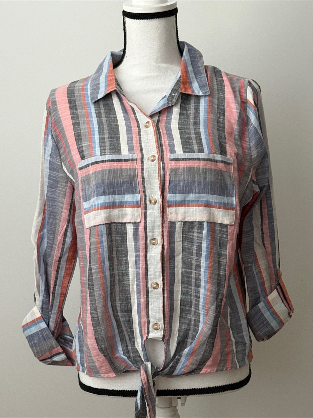 Francesca’s Harper Long Sleeve Striped Button-Front Tie-Hem Heritage Top